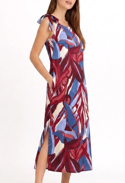 Vestido Largo Nudo Trazos Vinotinto Azul CH